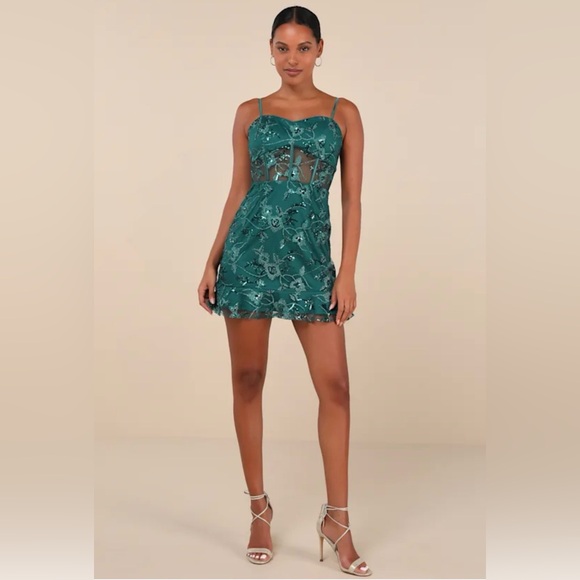 🆕 Lulus Glittering Delight Emerald Mesh Sequin Embroidered Mini Dress - Picture 3 of 13